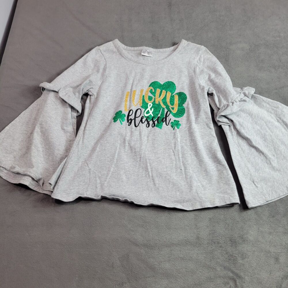 Lucky & Blessed Shamrock Top Girls 5 Shirt Gray Comfort Stretch Long Bell Sleeve